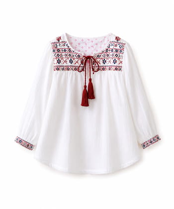 Girls White Embroidered Tunic Top with Tassels