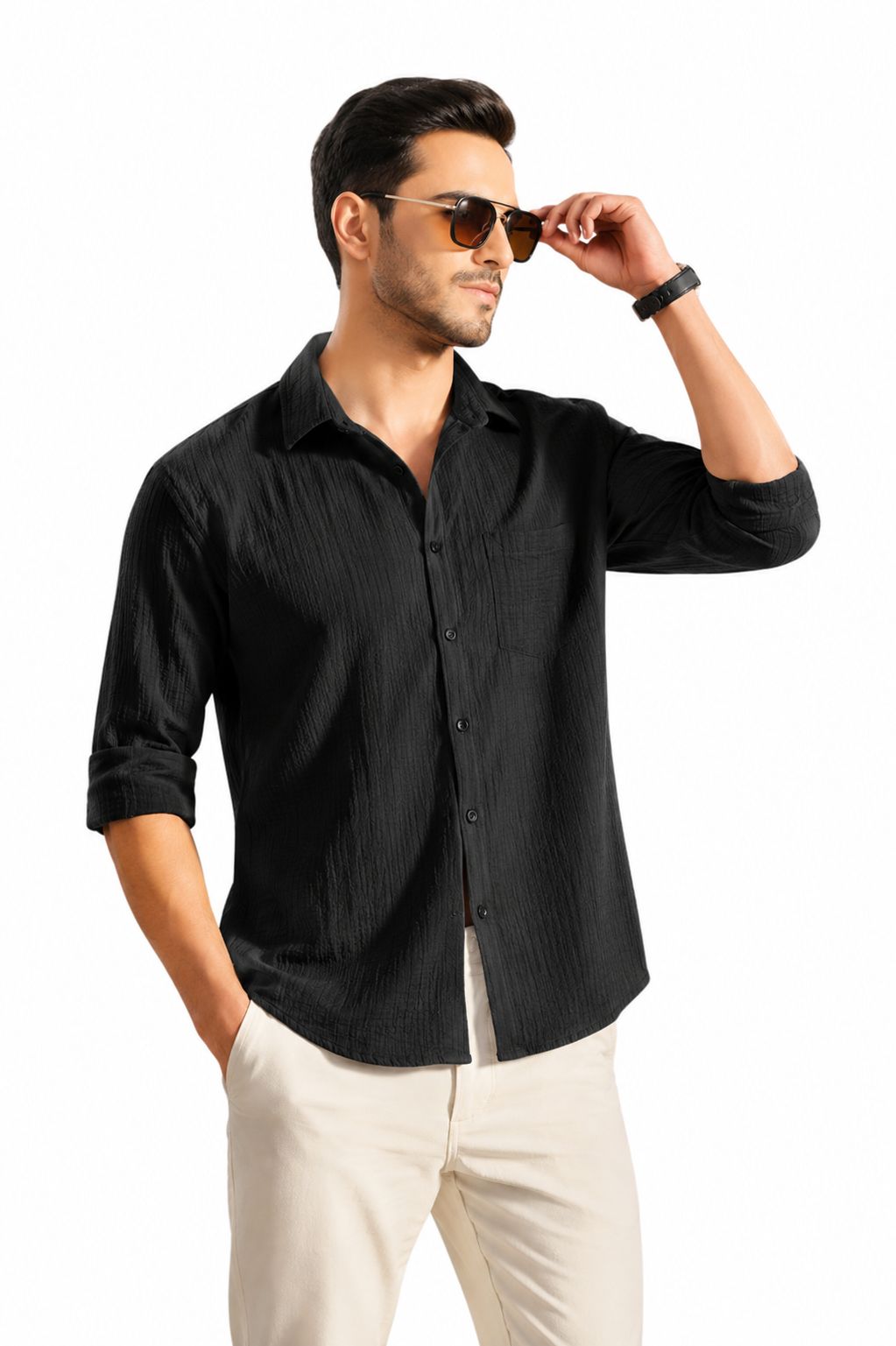 Men's Black Regular Fit Solid Casual Textured Shirt