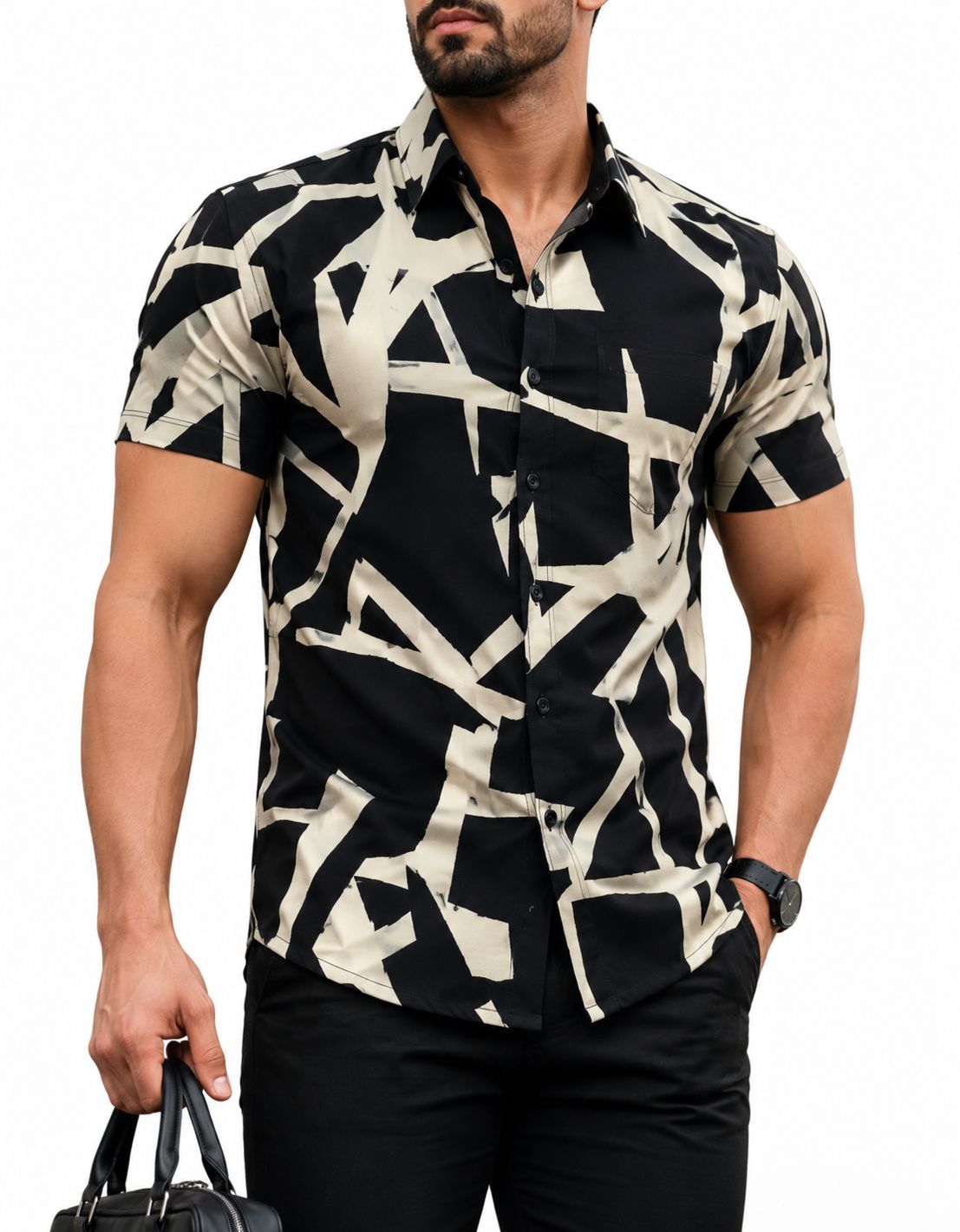 Men's Black & Beige Abstract Print Short Sleeve Casual Shirt