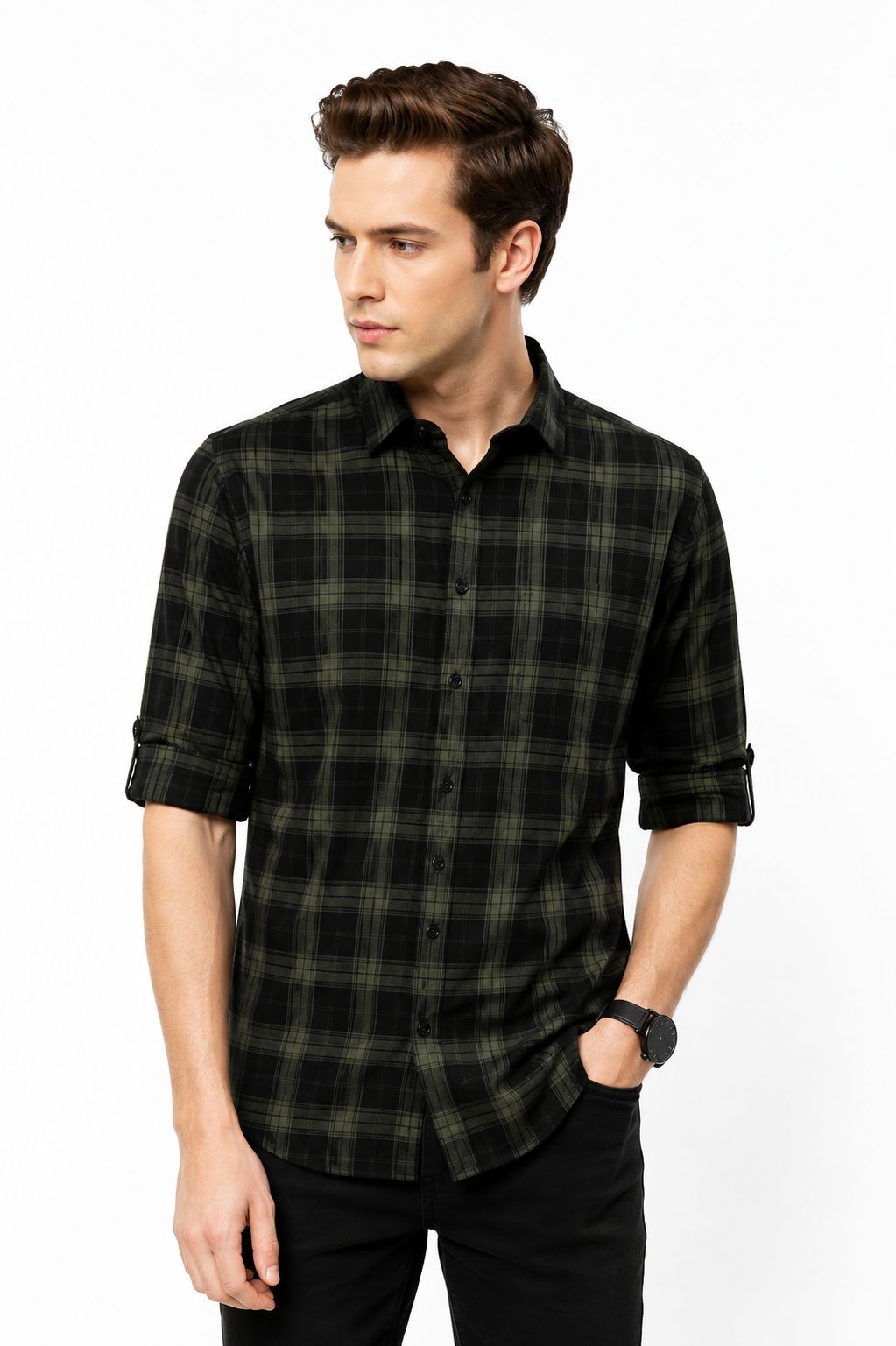 Men's Dark Green and Black Plaid Casual Shirt with Rolled-Up Sleeve Tabs