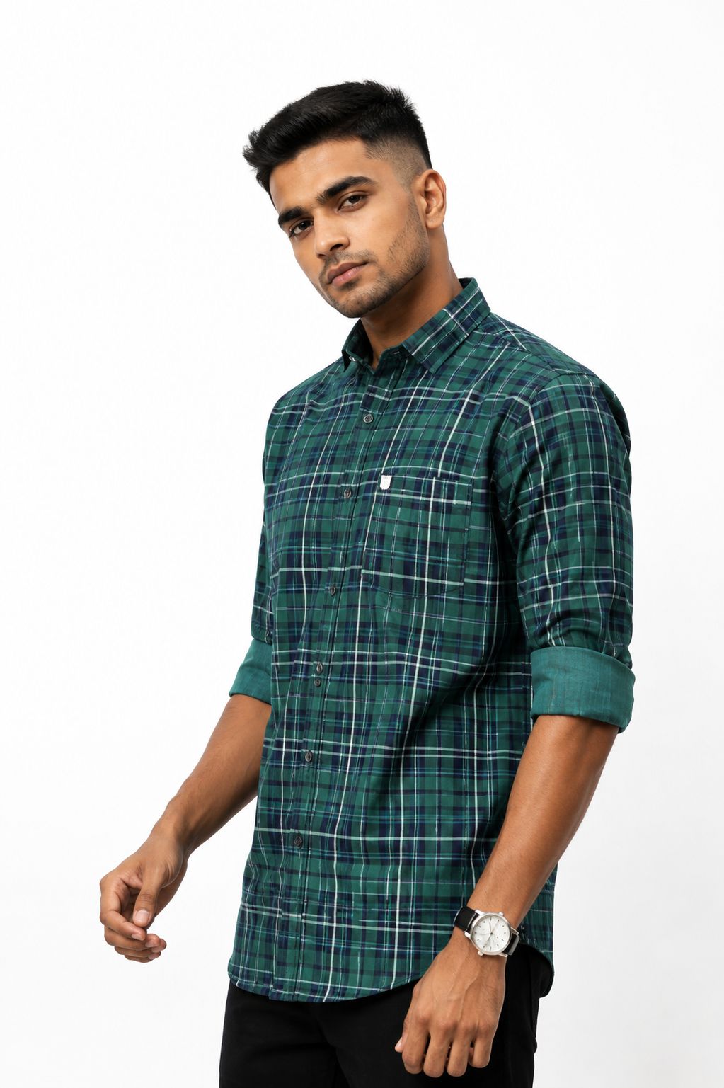 Men's Dark Green and Black Plaid Casual Shirt with Rolled-Up Sleeve Tabs