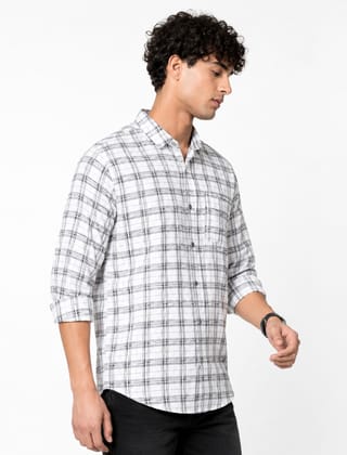 Men's White & Black Plaid Cotton Casual Shirt with Rolled Sleeves