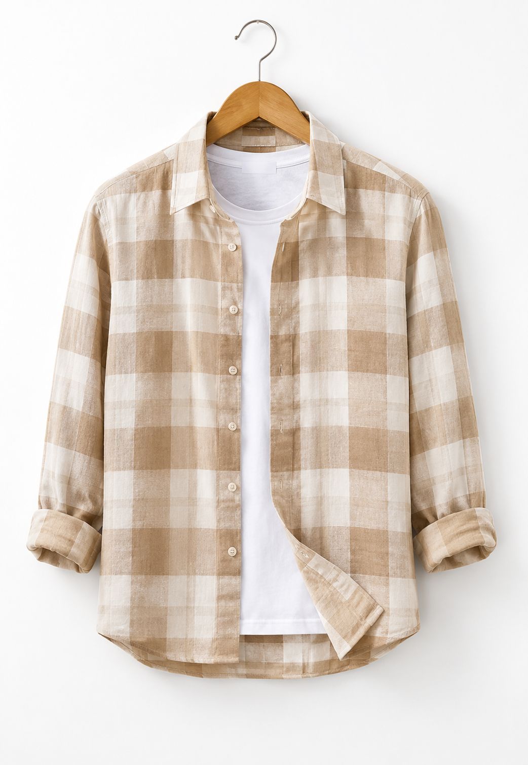 Men's Beige Checkered Cotton Casual Shirt with Roll-Up Sleeves