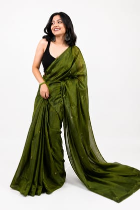 Women's Solid Green Cotton Blend Saree with Black Sleeveless Top
