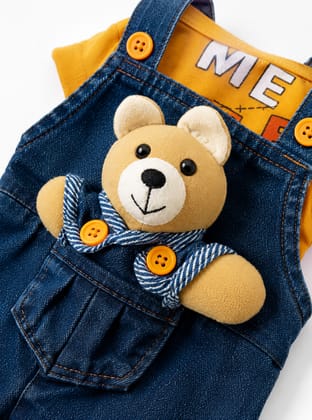Cute Baby Denim Overalls and T-Shirt Set with Attached Teddy Bear