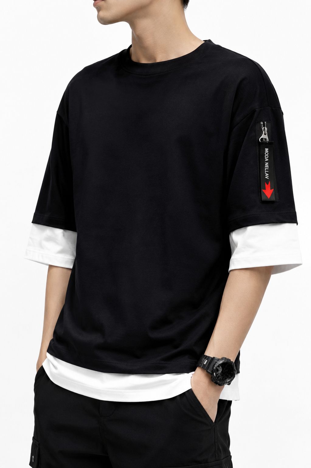 Men's Black & White Layered-Look Double Sleeve T-Shirt with Zipper Pocket