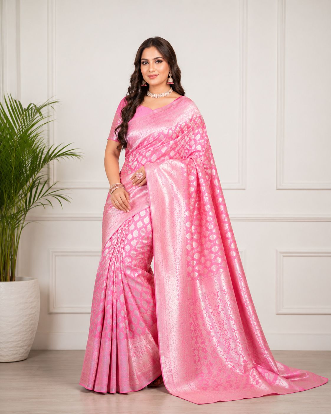 Elegant Pink Banarasi Silk Saree with Silver Zari Weaving