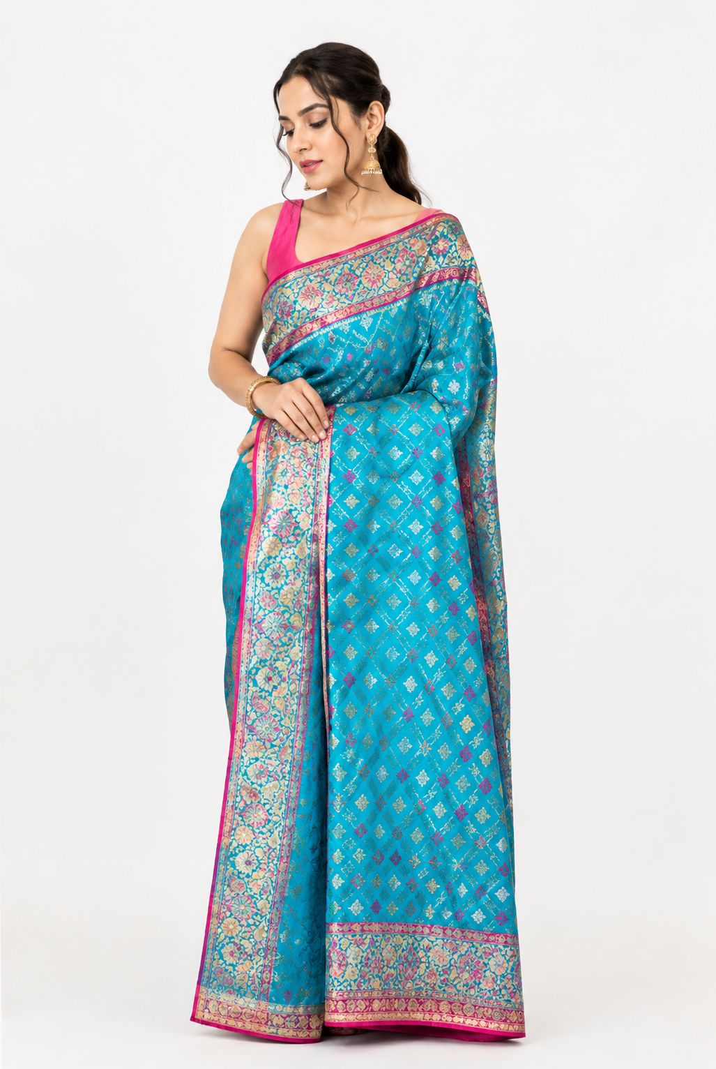 Turquoise Banarasi Silk Saree with Golden Zari Work
