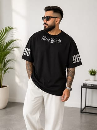 Men's Black Oversized T-Shirt with Sleeve Graphic Print
