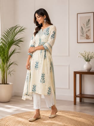 Women's Turquoise Embroidered Cotton Straight Kurta