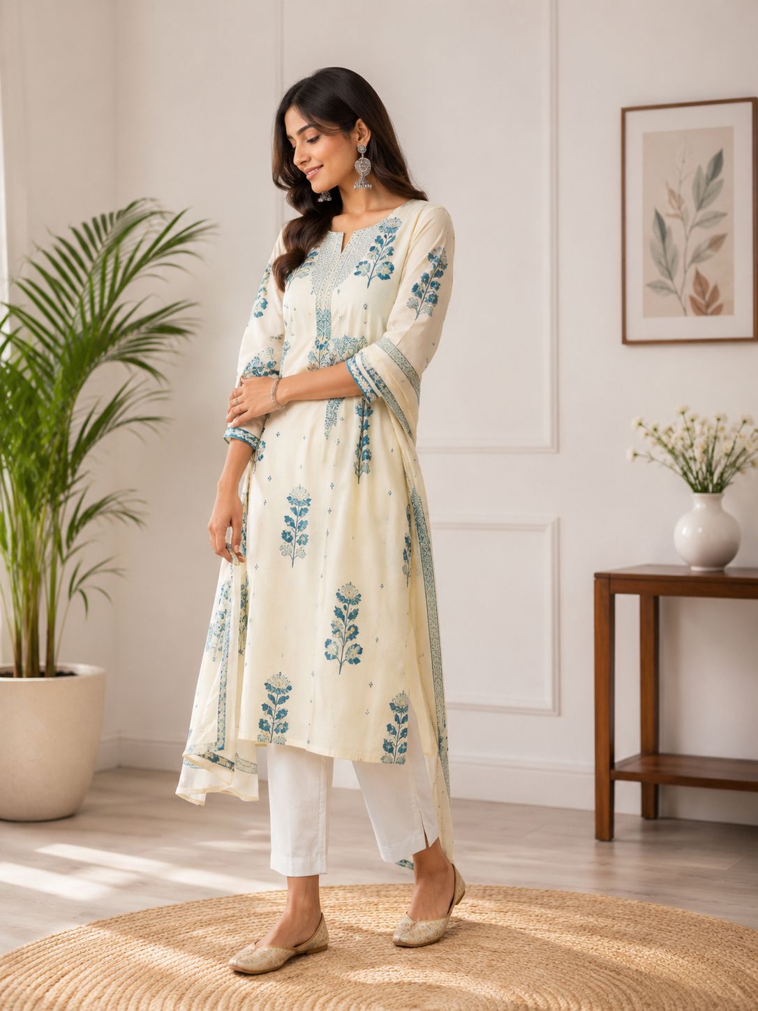 Women's Turquoise Embroidered Cotton Straight Kurta