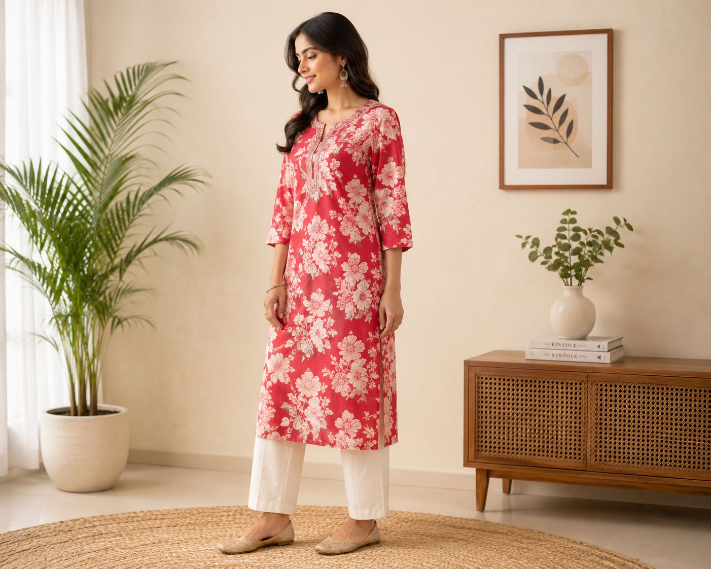 Women's Floral Print Red Cotton Straight Kurta