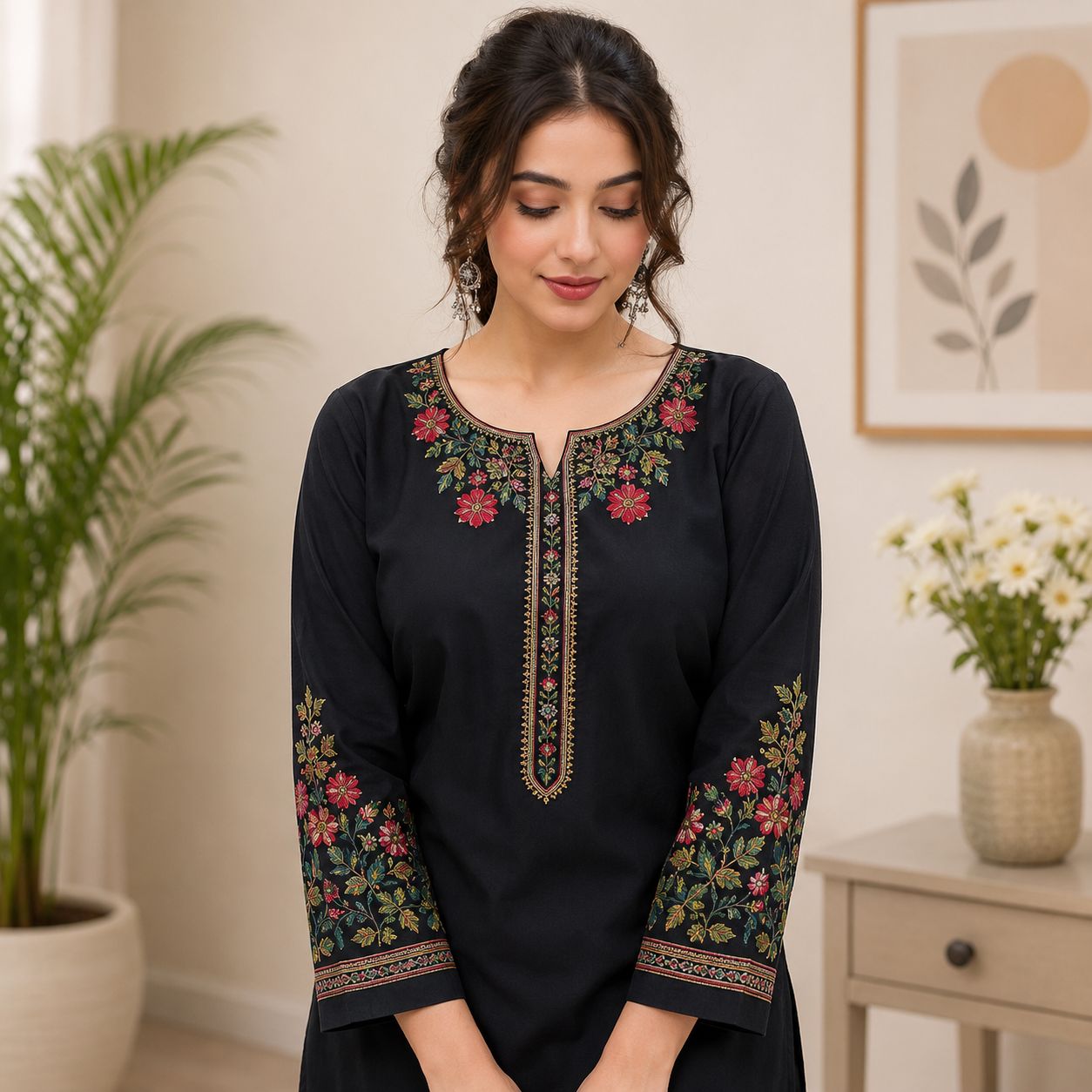 Women's Black Floral Embroidered Straight Kurta