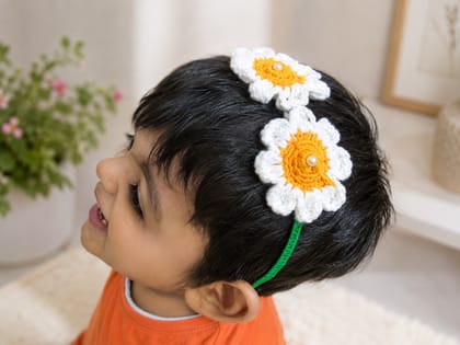 Handmade Crochet Daisy Hairband for Kids – White & Yellow Floral Headband