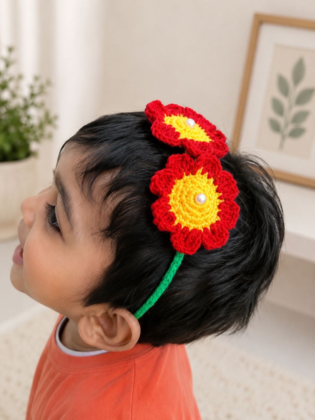 Handmade Crochet Red Flower Hairband for Kids – Red & Yellow Floral Headband