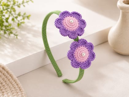 Handmade Crochet Purple Flower Hairband for Kids – Purple & Pink Floral Headband