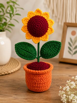Handmade Crochet Sunflower Pot – Knitted Desk Decor