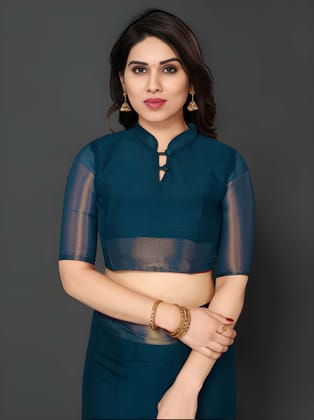 WUGO Women's Teal Blue Organza Saree with Golden Zari Border | Elegant Party Wear, Wedding, Festive & Traditional Saree with Unstitched Blouse Piece
