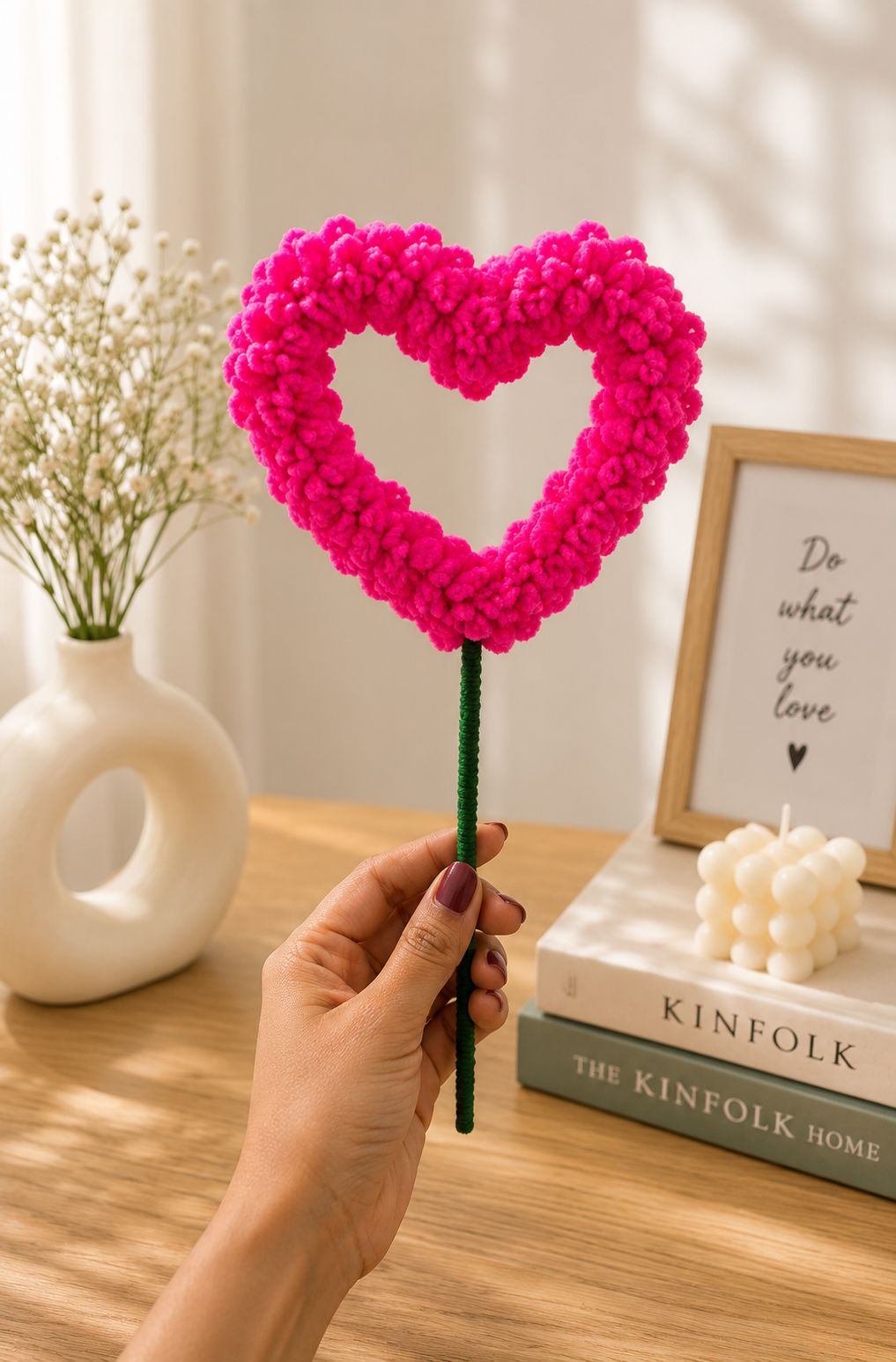Handmade Heart-Shaped Pom Pom Flower Stick