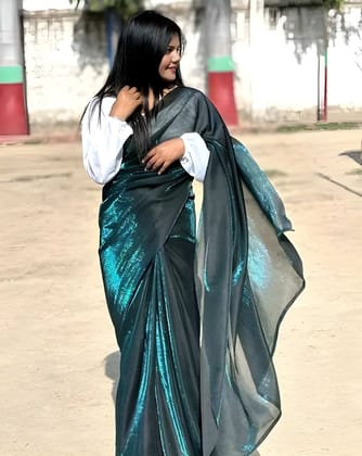 WUGO Women's Black Shimmer Organza Saree with Metallic Teal Finish | Designer Party Wear, Wedding, Festive & Evening Wear Saree with Unstitched Blouse Piece