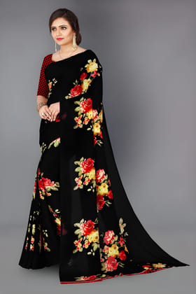 WUGO Women's Black Floral Printed Georgette Saree | Elegant Party Wear, Casual Wear, Festive & Designer Saree with Unstitched Blouse Piece