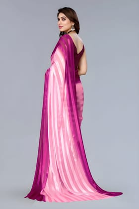 WUGO Women's Pink & Magenta Striped Organza Saree | Elegant Party Wear, Wedding, Festive & Designer Saree with Unstitched Blouse Piece
