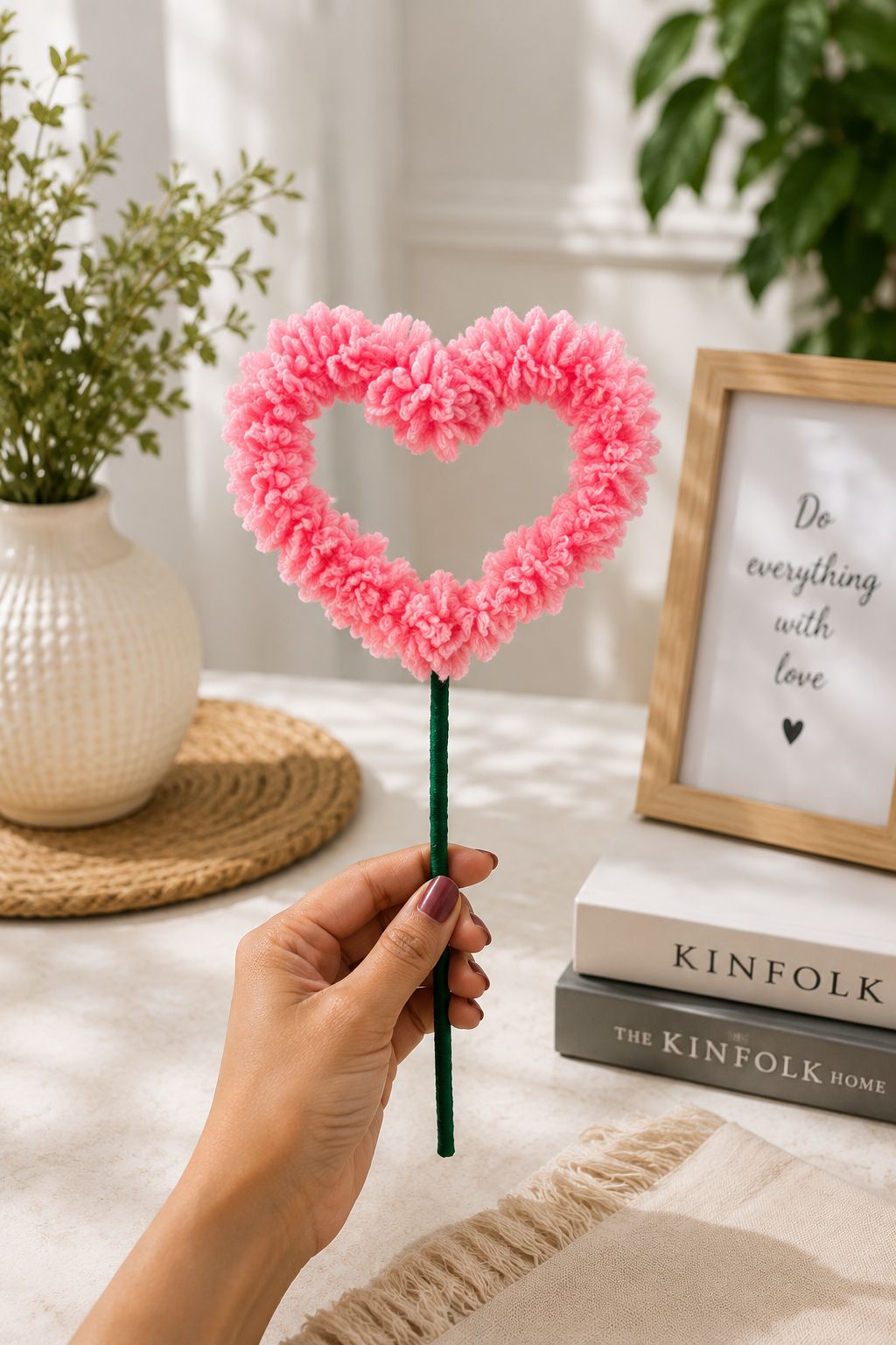 Handmade Pink Heart Pom Pom Décor Stick