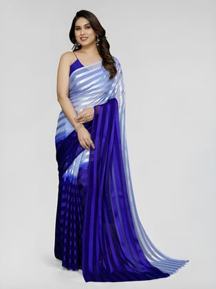 Women's Blue & White Organza Striped Saree with Unstitched Blouse Piece | Lightweight Party Wear, Festive & Wedding Saree