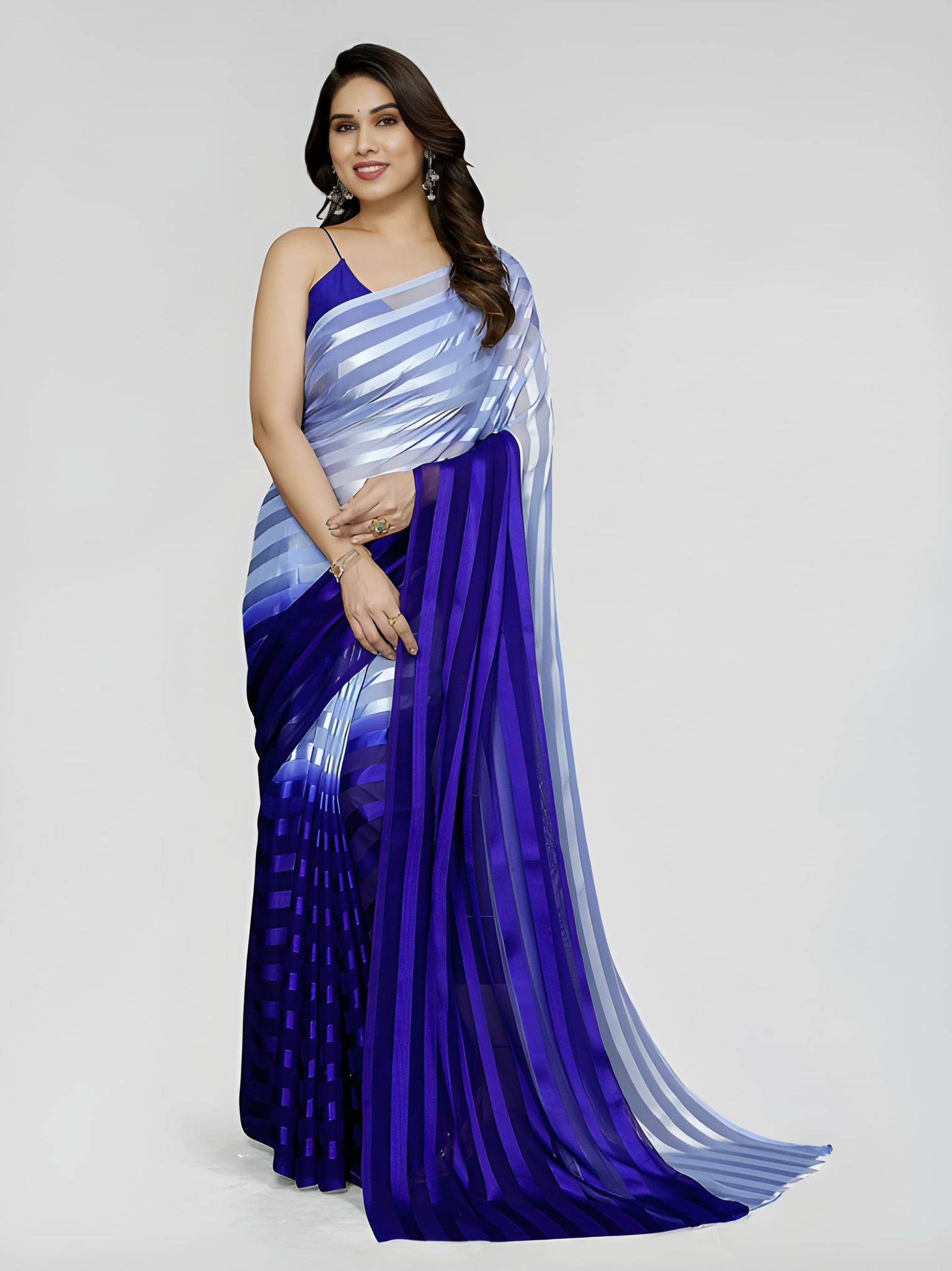 Women's Blue & White Organza Striped Saree with Unstitched Blouse Piece | Lightweight Party Wear, Festive & Wedding Saree