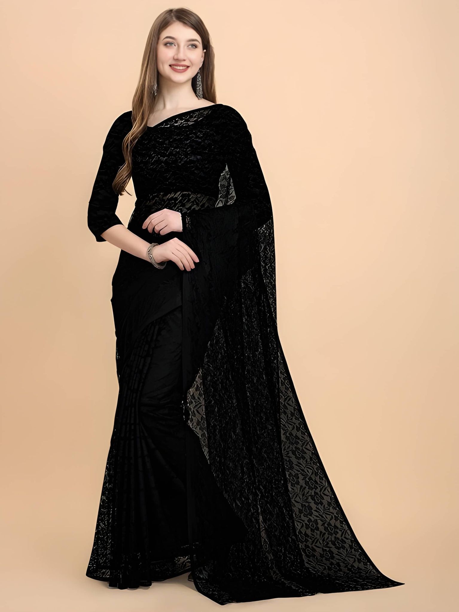 Women's Black Leaf Printed Organza Saree with Unstitched Blouse Piece | Lightweight Party Wear, Festive & Designer Saree