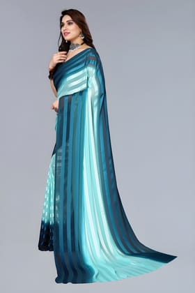 Women's Sky Blue & Navy Blue Organza Striped Saree with Unstitched Blouse Piece | Lightweight Designer Party Wear, Festive & Wedding Saree