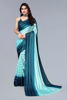 Women's Sky Blue & Navy Blue Organza Striped Saree with Unstitched Blouse Piece | Lightweight Designer Party Wear, Festive & Wedding Saree