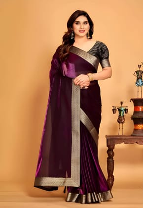 Women's Purple Organza Silk Saree with Gold Zari Border | Party Wear, Wedding & Festive Saree with Unstitched Blouse Piece