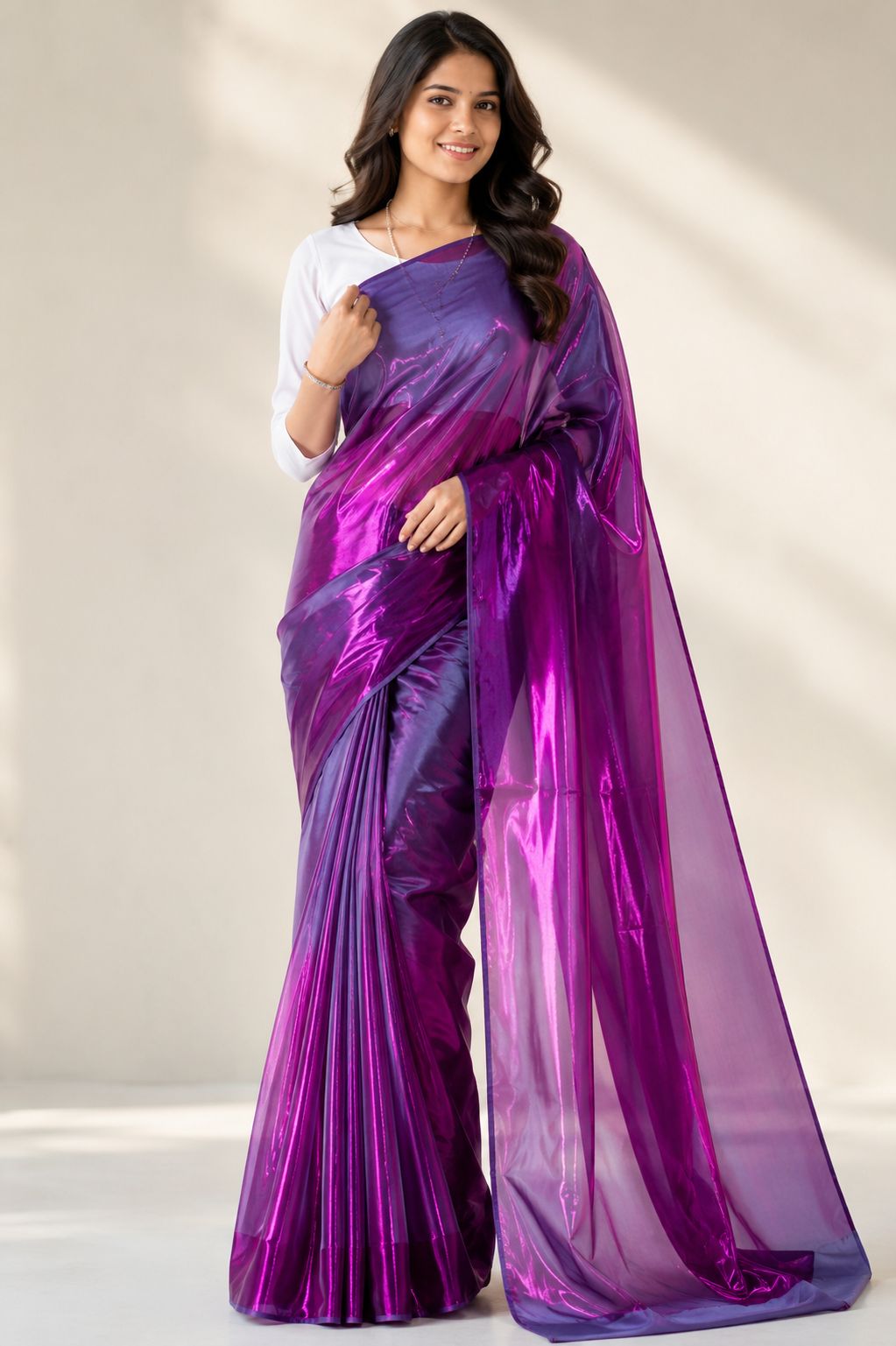Women's Purple Metallic Foil Saree with Matching Blouse Piece | Premium Glossy Party Wear Saree | Stylish Designer Ethnic Saree