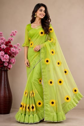 Women's Lime Green Sunflower Ruffle Saree with Matching Blouse Piece | Designer Organza Party Wear Saree | Floral Ethnic Wear