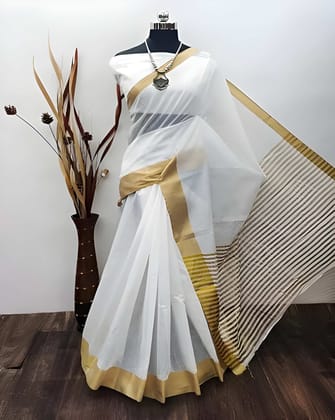 Women's Traditional White & Gold Kasavu Saree with Matching Blouse Piece | Kerala Style Cotton Silk Saree | Festive & Ethnic Wear