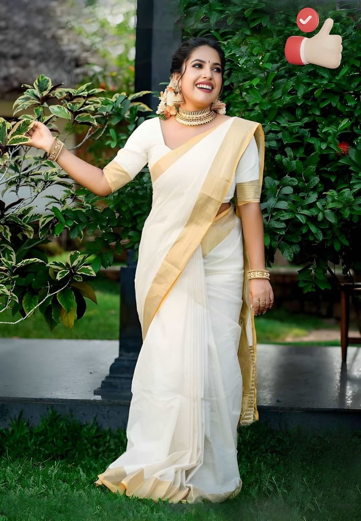 Women's Traditional White & Gold Kasavu Saree with Matching Blouse Piece | Kerala Style Cotton Silk Saree | Festive & Ethnic Wear