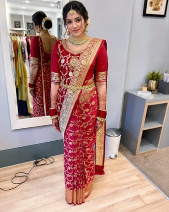 Women's Bridal Red Banarasi Silk Saree with Rich Golden Zari Weaving | Designer Dulhan Wedding Saree with Blouse Piece