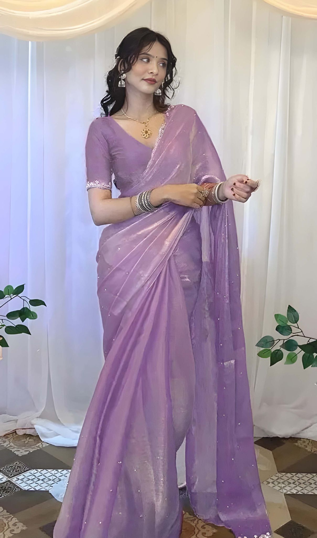 Women's Lavender Organza Silk Saree with Sequins Work | Designer Party Wear Saree with Matching Blouse Piece | Elegant Ethnic Wear