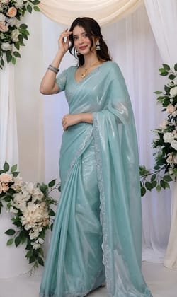 Women's Sky Blue Organza Silk Saree with Sequins Work | Designer Party Wear Saree with Matching Blouse Piece | Elegant Ethnic Wear