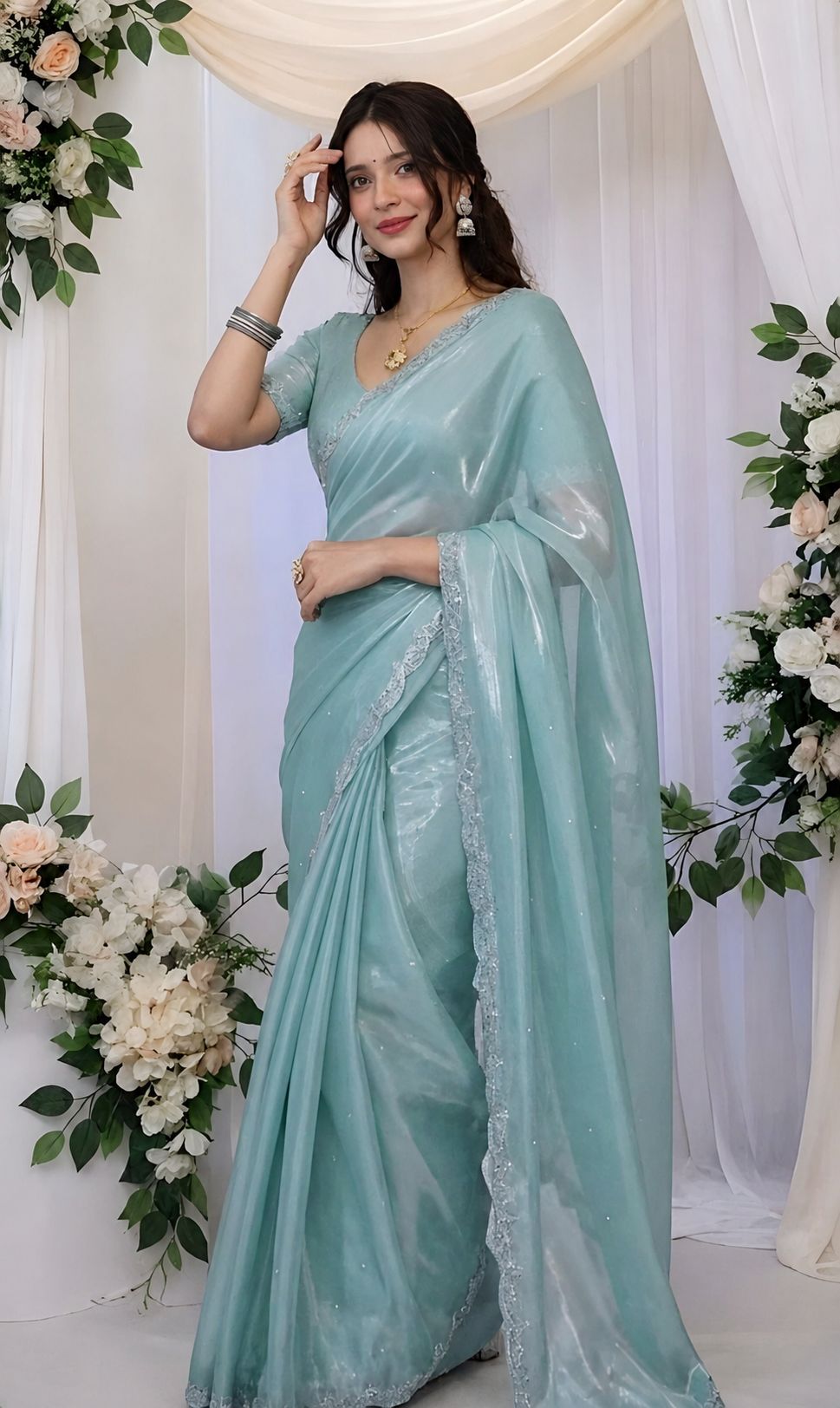 Women's Sky Blue Organza Silk Saree with Sequins Work | Designer Party Wear Saree with Matching Blouse Piece | Elegant Ethnic Wear