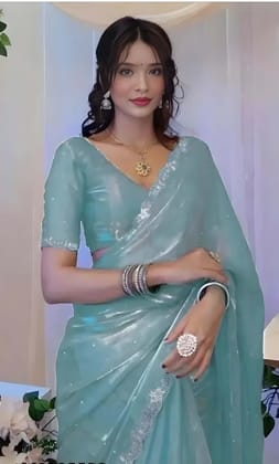 Women's Sky Blue Organza Silk Saree with Sequins Work | Designer Party Wear Saree with Matching Blouse Piece | Elegant Ethnic Wear