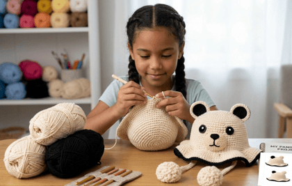 Handmade Crochet Bear Bucket Hat for Babies & Kids | Soft Cotton Knitted Summer & Winter Cap with Ear Flaps & Pom-Poms | Cute Animal Hat | Cream White