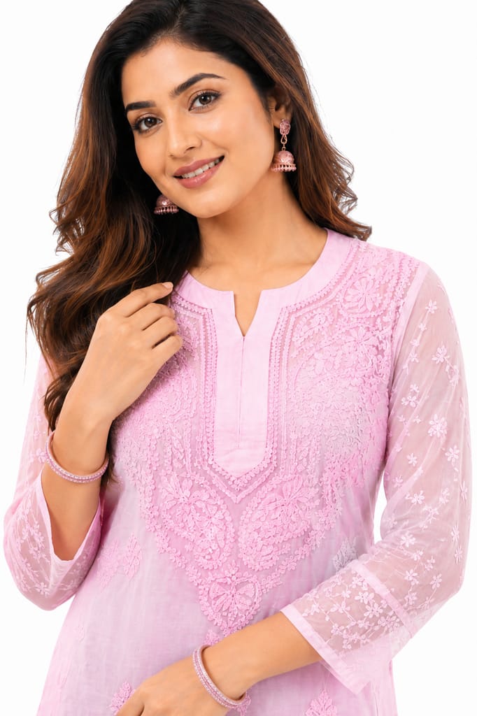 Mrs Right Pink Handcrafted Chikankari Kurti for Women | Georgette Fabric | High-Low Hemline | Lucknowi Embroidered Ethnic Wear
