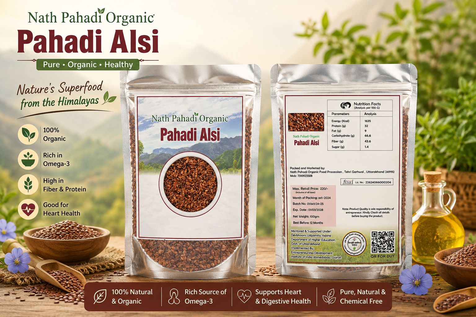 Nath Pahadi Organic Pahadi Alsi (Flax Seeds) | 100% Natural & Organic | Rich in Omega-3, Fiber & Protein | Chemical-Free | 100 g