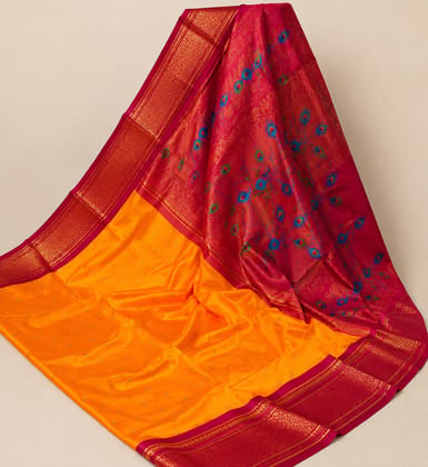 Orange and Pink Traditional Peacock Motif Silk Saree Orange and Pink Traditional Peacock Motif Silk Saree