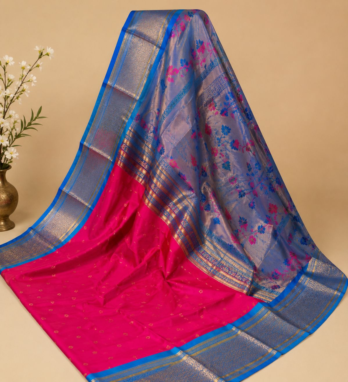 Traditional Pink and Blue Silk Saree with Zari Border