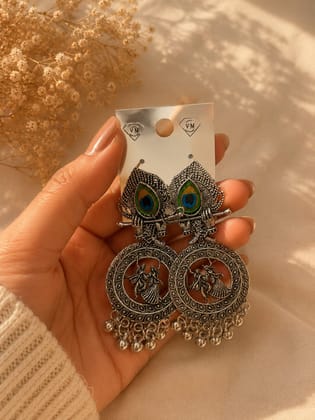 Radha Krishna Peacock Feather Oxidized Silver Dangle Earrings for Women & Girls