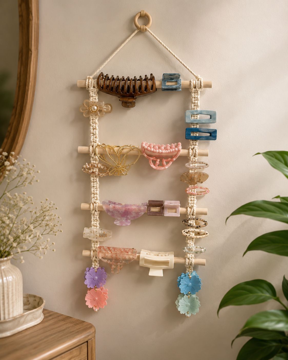 Handmade Macramé Hair Clip and Claw Clip Wall Hanging Organizer