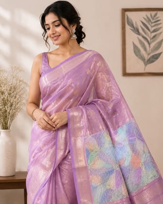 Stylytic Drapes Lilac Organza Saree with Designer Blouses